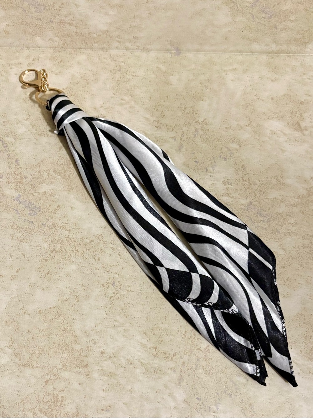 NWOT - Black & White Zebra Print Silk Scarf Keychain - Purse Charm